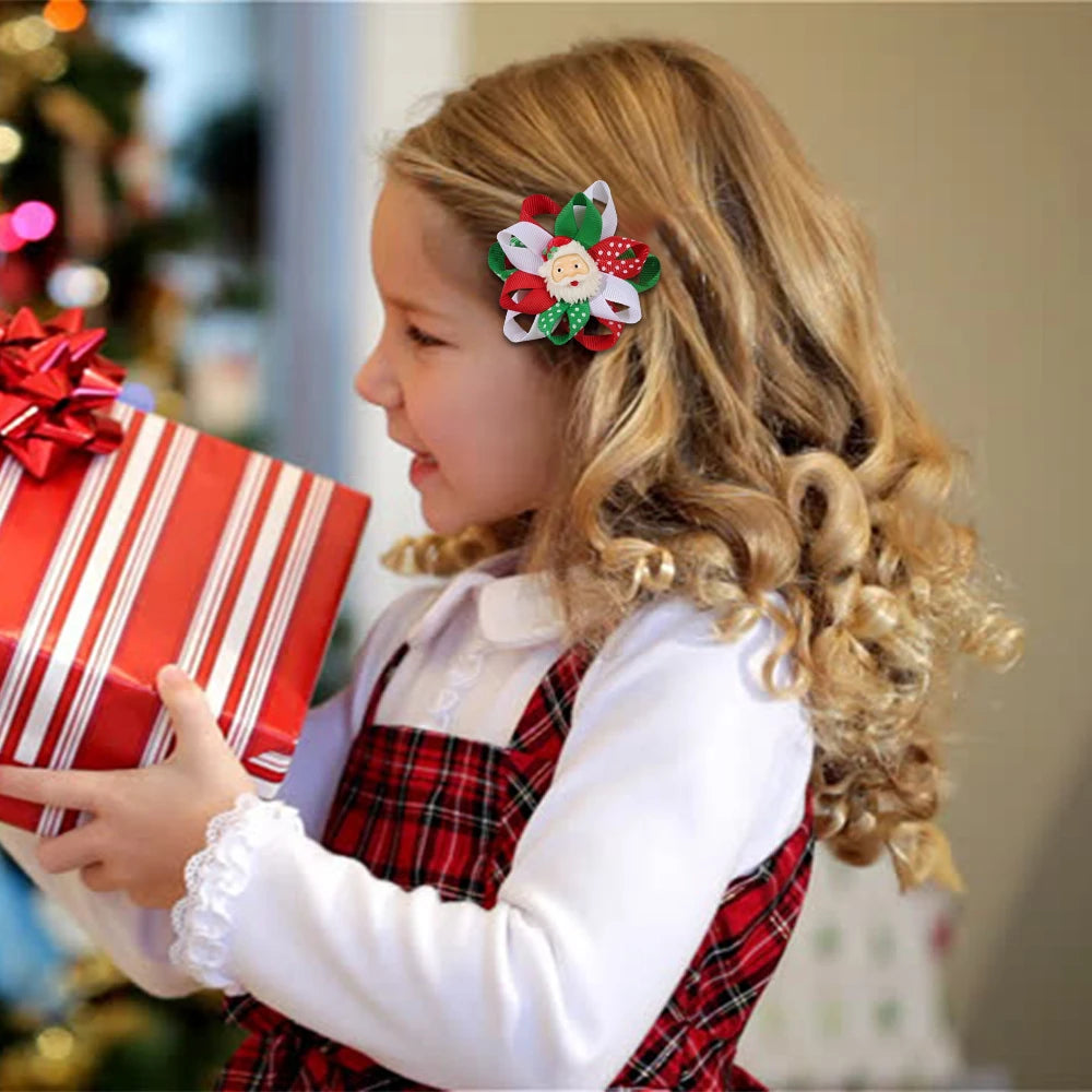 2Pcs Cartoon Santa Claus Hair Clips Flower Dot Ribbon Hairpins For Girls Children Christmas Headdress Heawear Hair Accessories