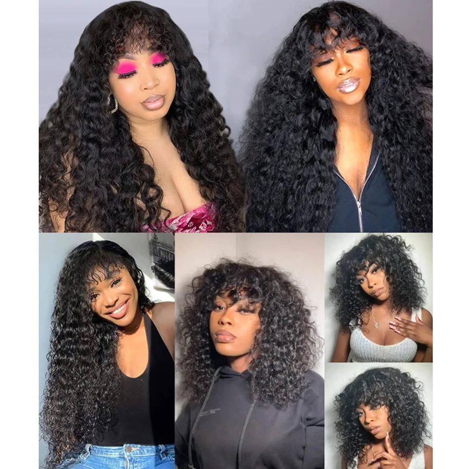30inch Water Wave Human Hair Wigs With Bang Glueless Fringe Wig Kinky Deep Water Wig With Bangs Full Machine Made Wig Easy To Go