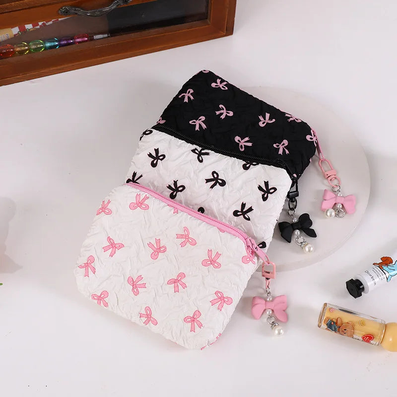 Cute Bow Travel Small Cosmetic Lipstick Portable Storage Bag Women Girls Makeup Handbags Purse Key Earphone Pouch Bags Organizer