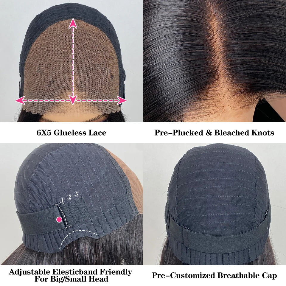 Wear Go Wigs 6x5 Pre Cut Lace Straight Hair Layered Cut Glueless Wigs Human Hair Wigs For Women Ready To Wear Pre Bleached Knots