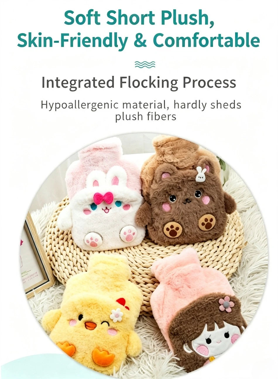 Cute Cartoon Plush Hot Water Bottle, Removable Plush Cover Thick Explosion‑proof PVC Hot Water Bag Hand Warmer for Winter