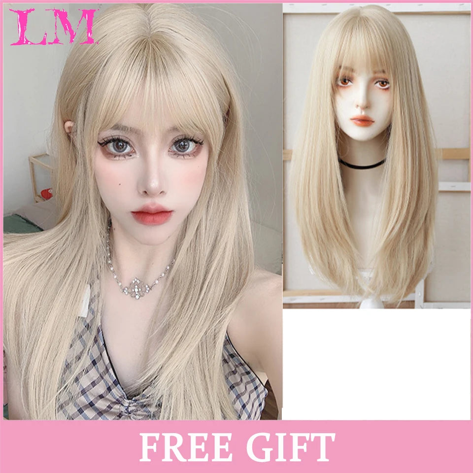 LM Light Blonde Wave Hair Wig Synthetic Long Wavy Wigs with Bangs for Women Cosplay Natural High Temperature Fiber