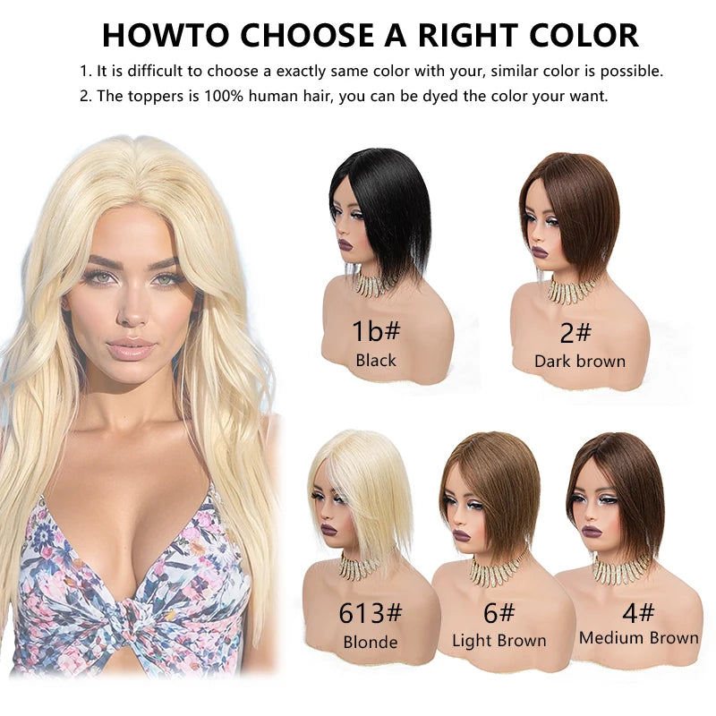 10 Inch 100% Human Hair 13X12cm Hairnet Clip in Hair Topper Extension with Bangs Top Wig Piece for Women Daily Life