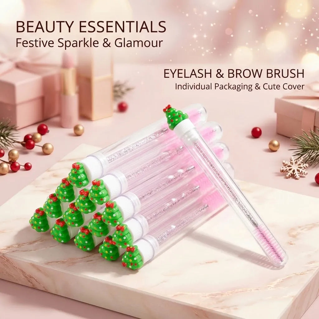 10pcs Christmas Mascara Eyelash Brush in Tube with Christmas tree, Dust-Proof Reusable Mascara Wand Lash Applicator Makeup Tool
