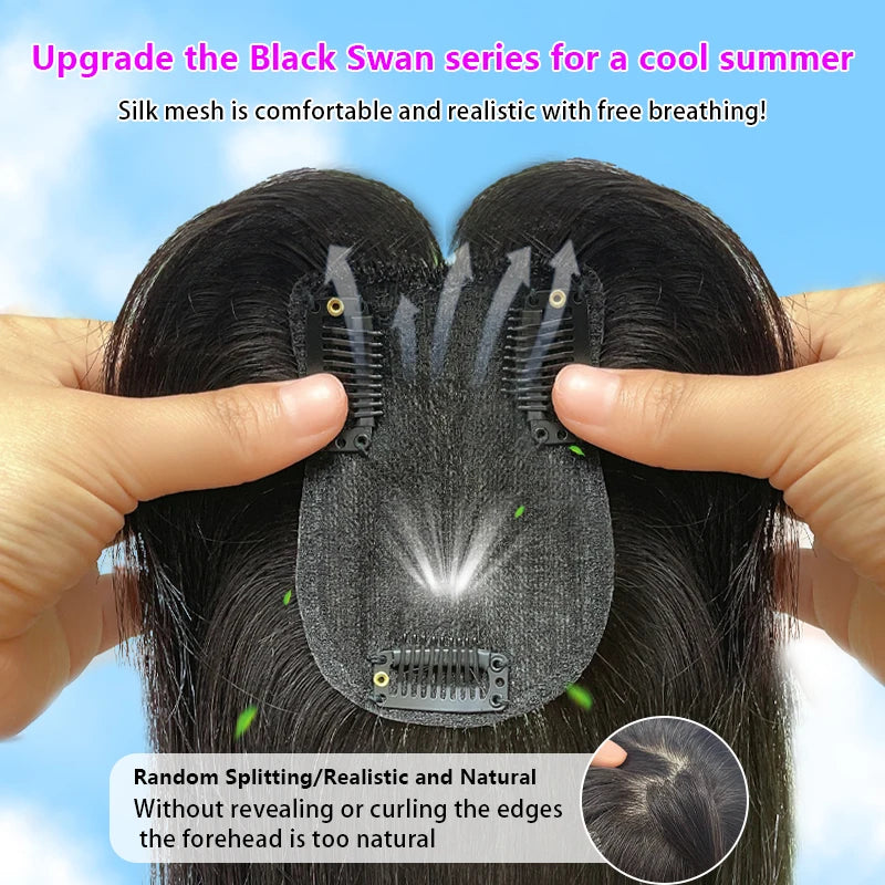 100% Human Hair 7X10cm Hairnet with French Bangs Toupee 25cm Straight Clip in Hair Extension Improve Volume Topper Hair Pieces