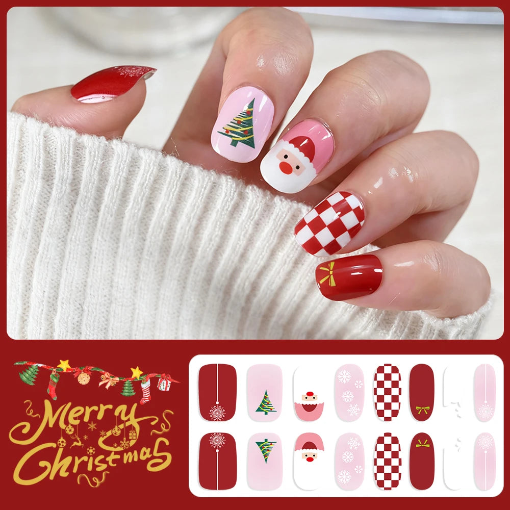 16Tips 3D Full Cover Christmas Series Nail Stickers Adhesive No Light Need Nail Art Wraps Strips Festival Manicure Polish Tips *