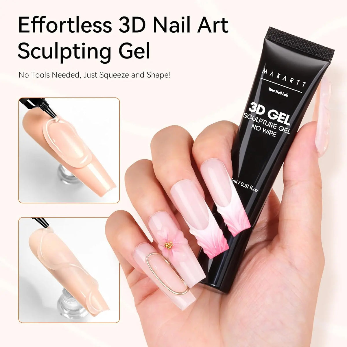 Makartt 3D Gel Nail Art – Clear & Noir Sculpting Gel for DIY Embossed Nail Designs – No Wipe Easy-Squeeze Tube Nail Glue