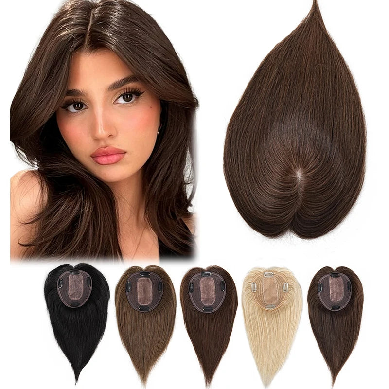 10 Inch 100% Human Hair 13X12cm Hairnet Clip in Hair Topper Extension with Bangs Top Wig Piece for Women Daily Life