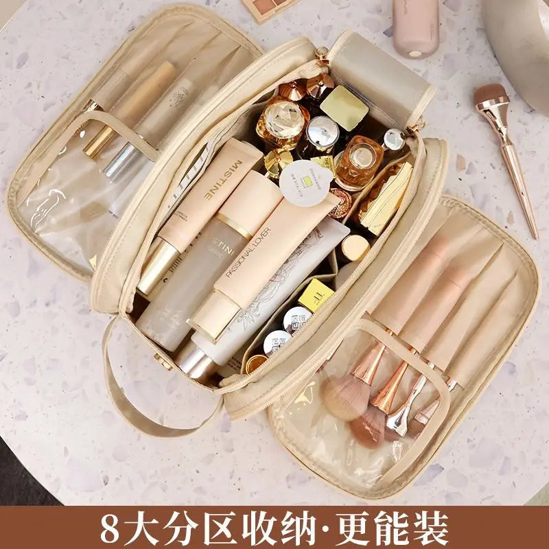 Multifunctional Makeup Bag For Women PU Leather Large Capacity Portable Double Zipper Travel Makeup Brush Toiletries Storage Bag
