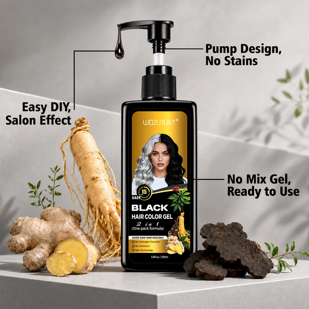 Black Hair Color Gel, 15-Minute Gray Coverage Brush-On Pump for Men and Women, Plant-Extract Blend 6.8 FL oz