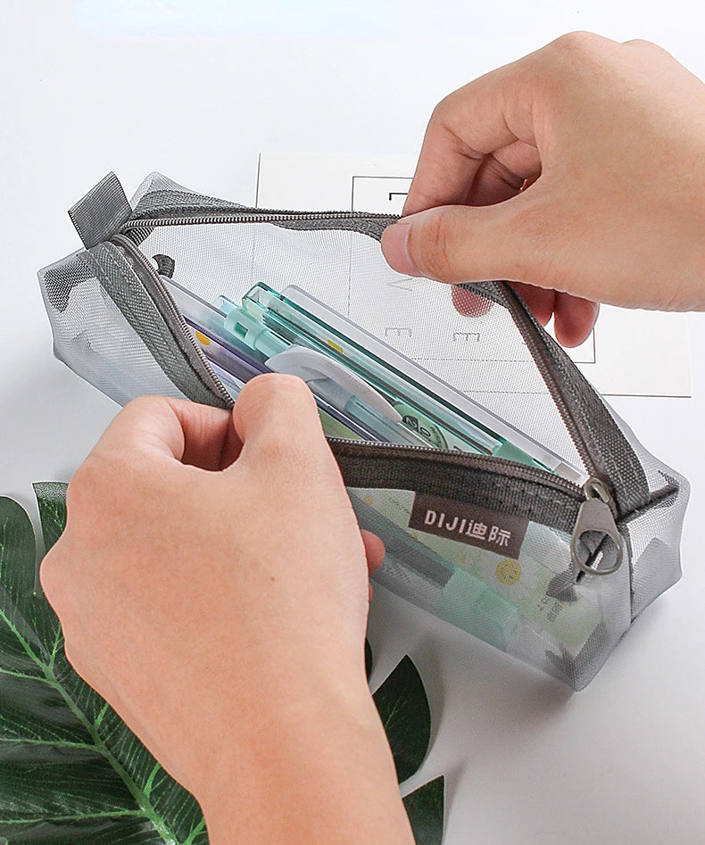 1PC Makeup Bags Case White Gray Black Large Capacity Mash Transparent Cosmetic Brush Bags Students Long Style Nylon Pencil Case
