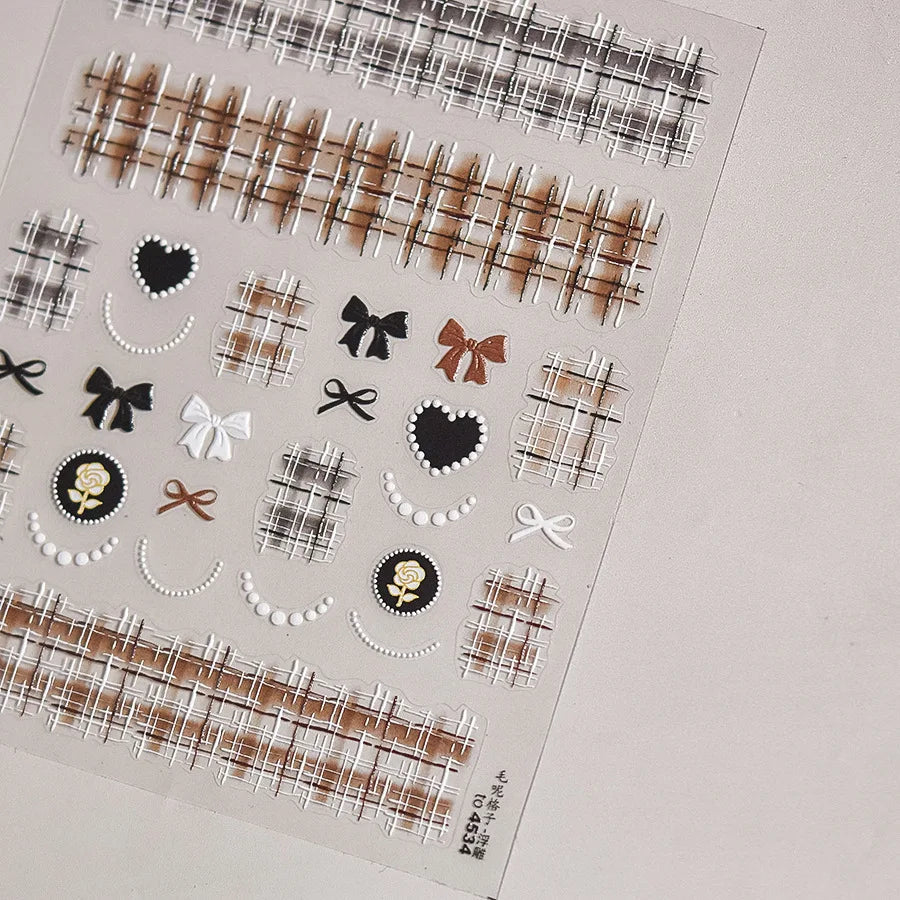 5D Shell Light Nail Stickers Small Fresh White Bow Ribbon Nail Charms Stickers Self Adhesive Nails Decorations Parts DIY Decals