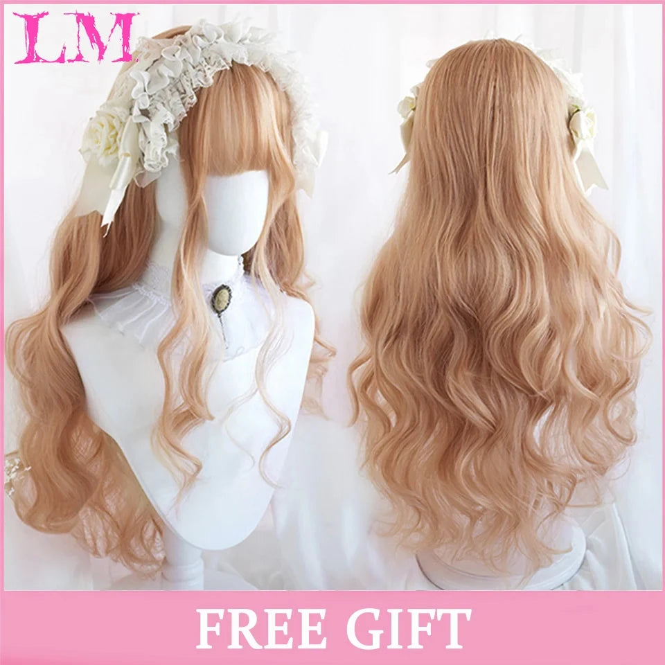 LM Light Blonde Wave Hair Wig Synthetic Long Wavy Wigs with Bangs for Women Cosplay Natural High Temperature Fiber