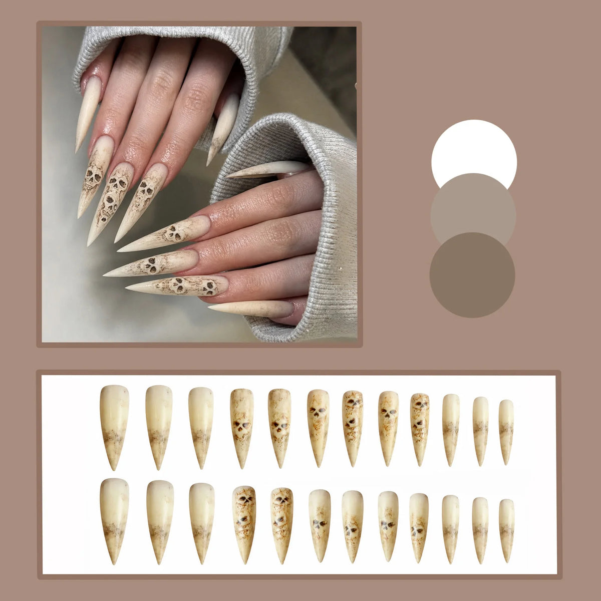 24 Pcs Matte Skeleton Art Stiletto Press On Nails Set Gothic Design Reusable Halloween Cosplay Party False Nails