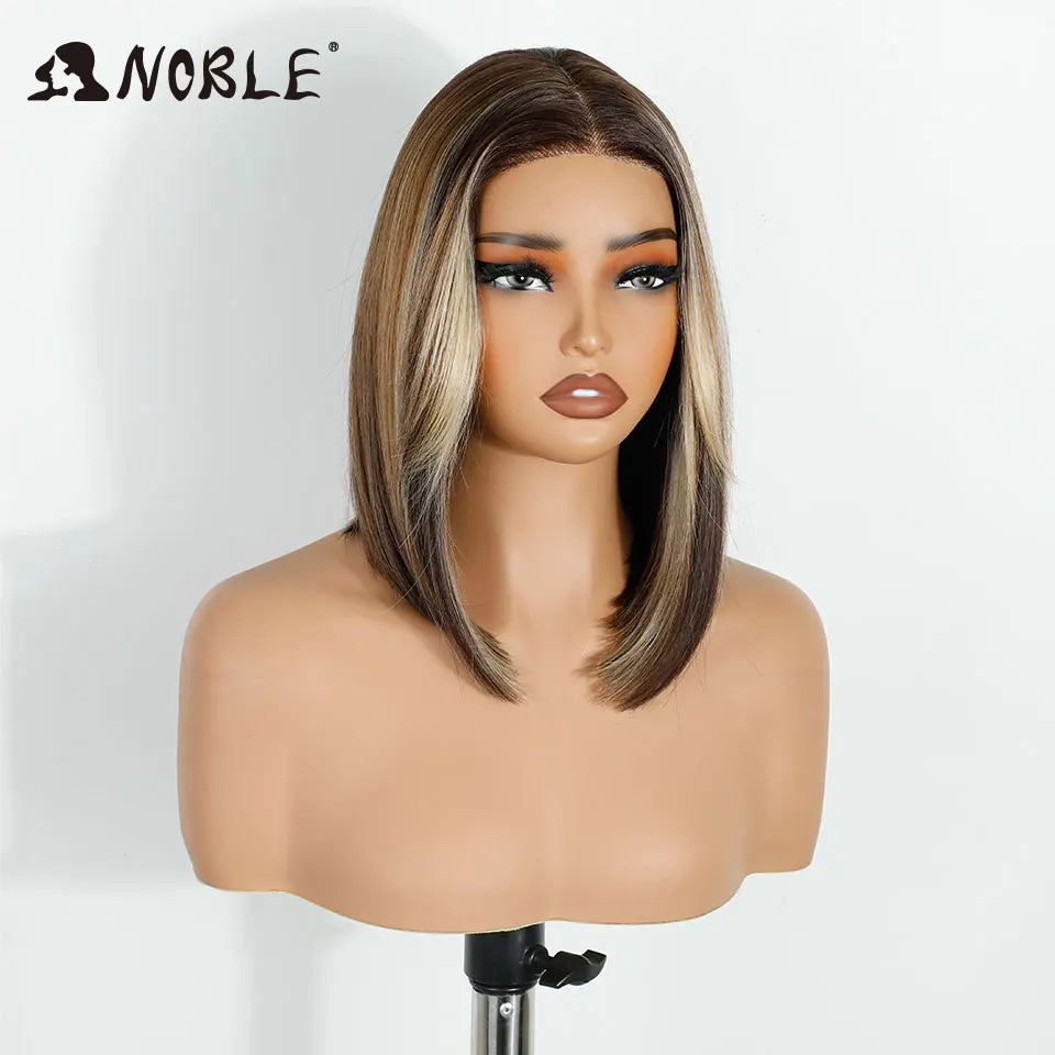 Noble Synthetic Lace Front Wigs For Women 12 Inch Pre Plucked Pre-Cut Ombre Brown Blonde Straight Layered Bob Wig Cosplay Wig