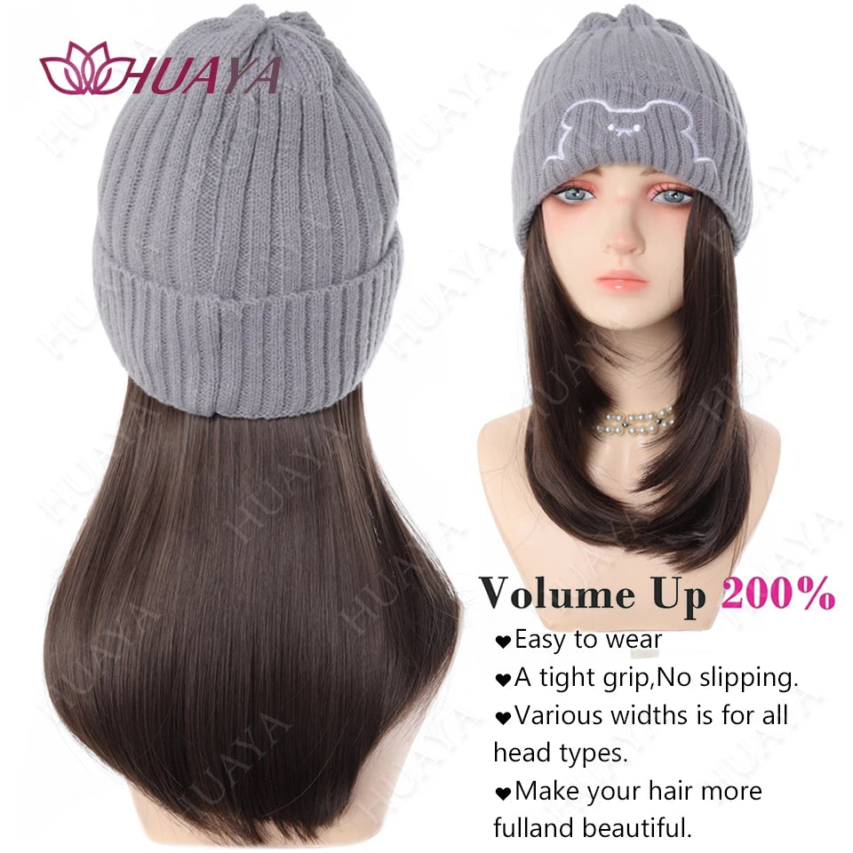 Synthetic Hat Wig Medium Length Straight Hair knitted Hat Wig Hair Extensions Accessories Autumn Winter Cap Warm Velvet Lining