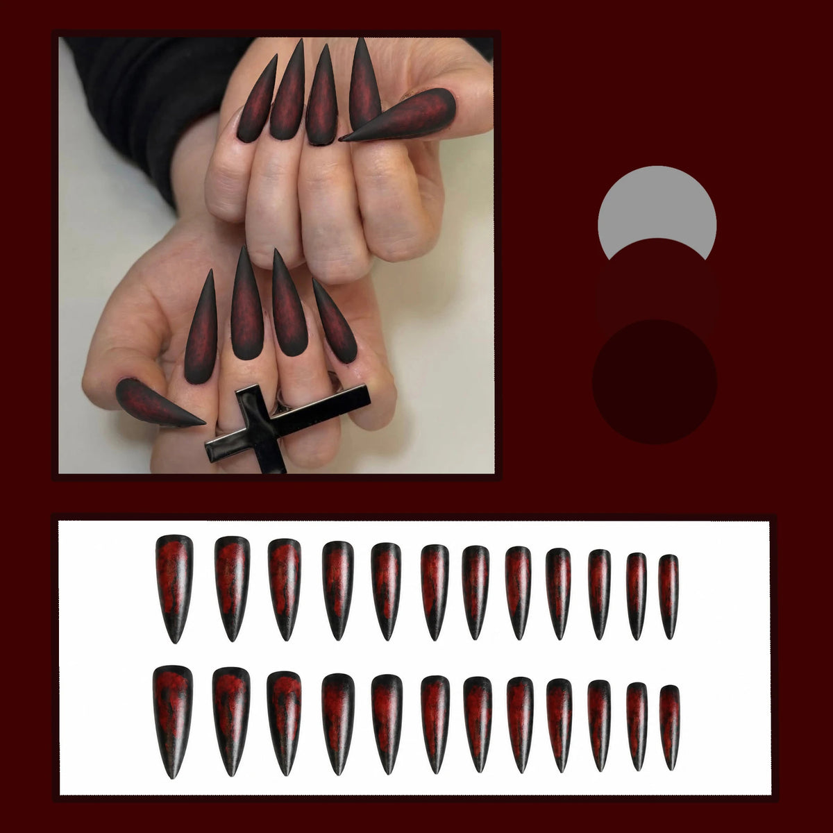 24pcs Halloween Gothic Style Fake Nails Black Red Long Pointed Matte Press On Nail Acrylic Material Hot Girl Wearable False Nail