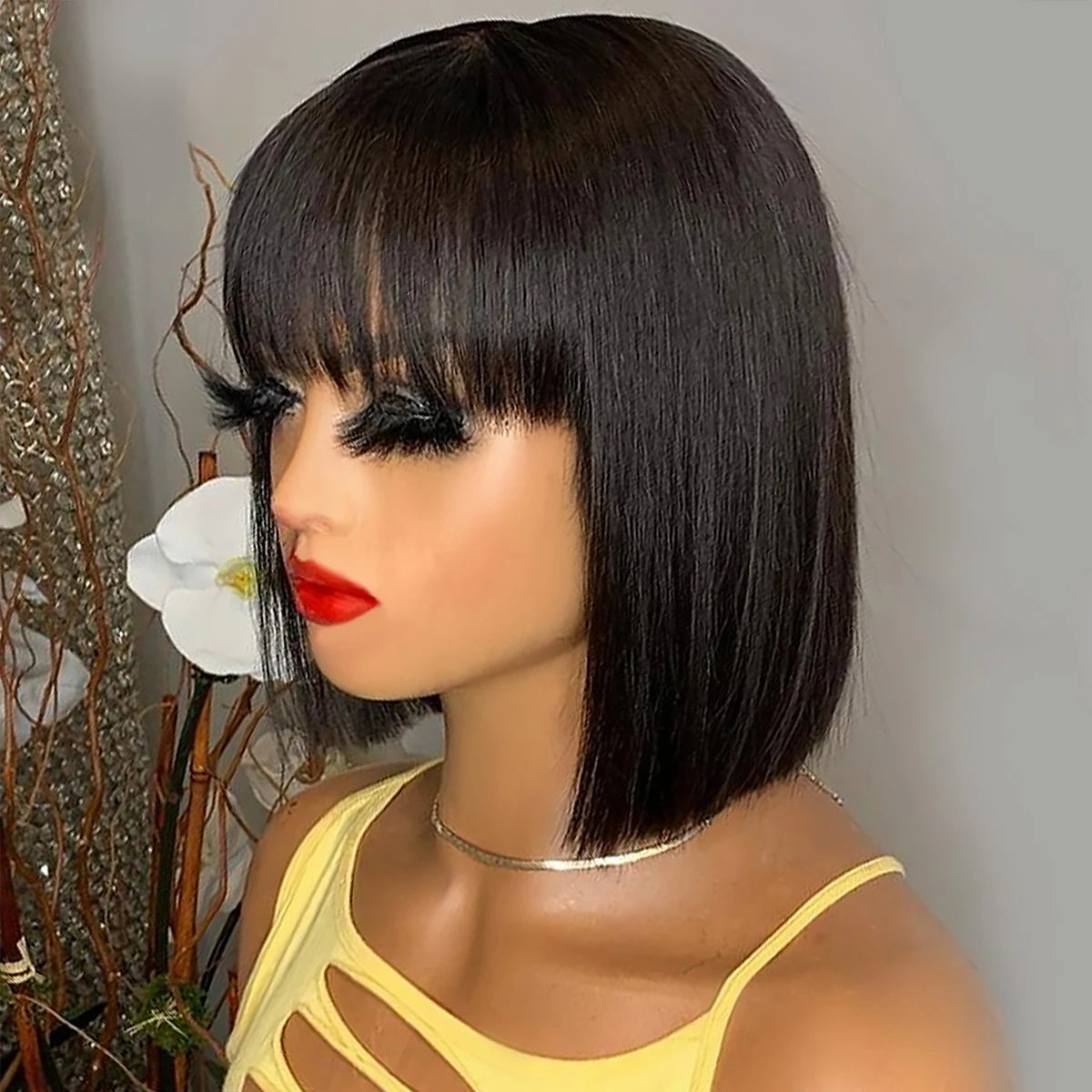 Ali Grace Straight Bob Human Hair Wigs With Bang Natural Color Full Machine Made Wigs 180% Density Brazilian Remy Hair Bob Wigs
