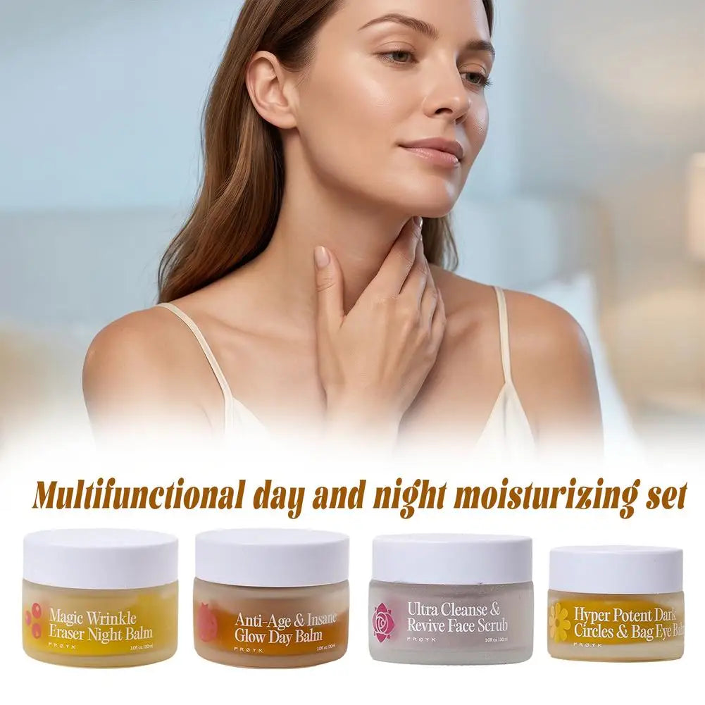 Froya Organics The Complete System For Mature Women's Skin Set Magic Wrinkle Eraser Night Balm Insane Glow Day Brand Cream Set