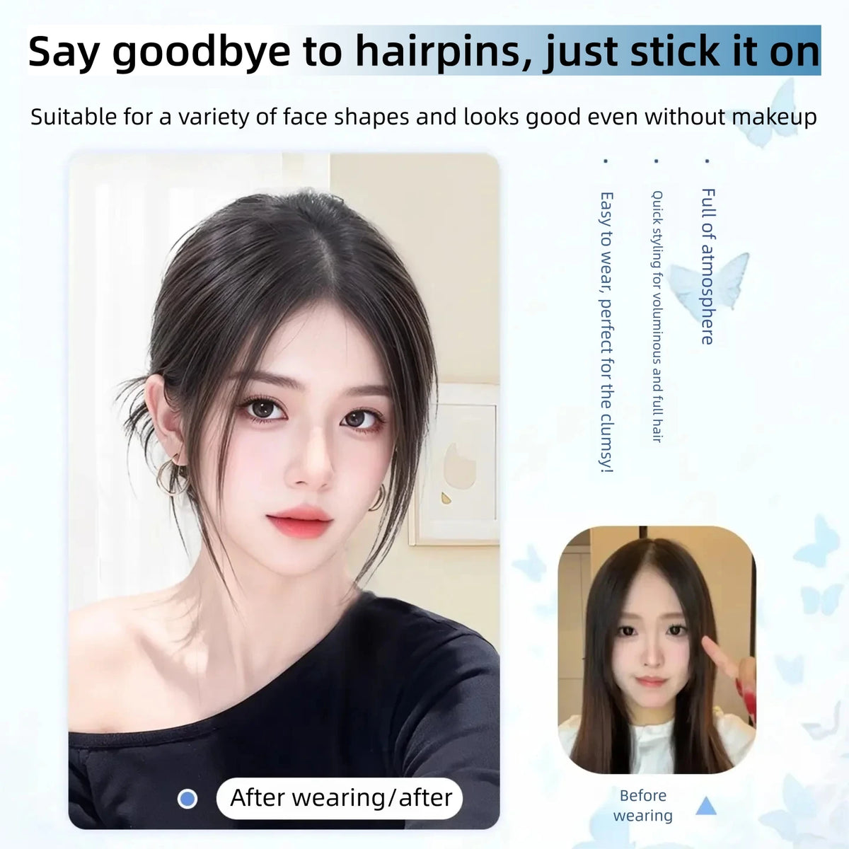 Invisible Human Hair Topper With Bangs Magic Tape Design Handmade Forehead Hairline Lace No Clips Bangs New Style