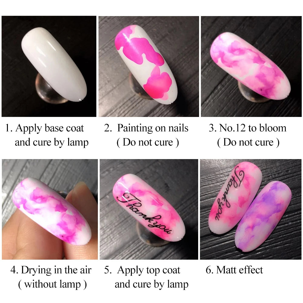 12pcs Watercolor Nail Gel Polish Smudge Blooming Ink Soak Off Varnish Marble Bubble Designer Charm Blossom Flower Manicure Decor