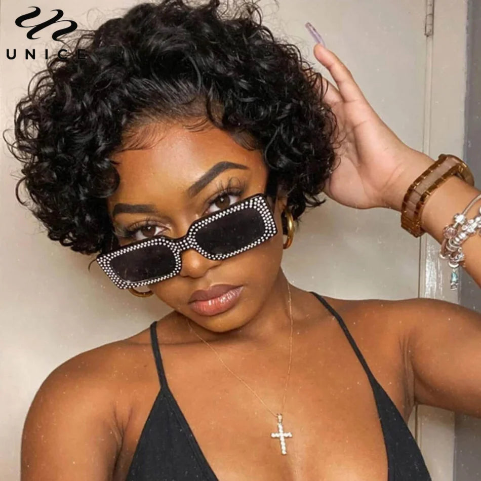 Unice Hair 13x1 Lace Pixie Cut Wig 100% Human Hair Short Curly Wigs for Women Wavy Afro Wigs
