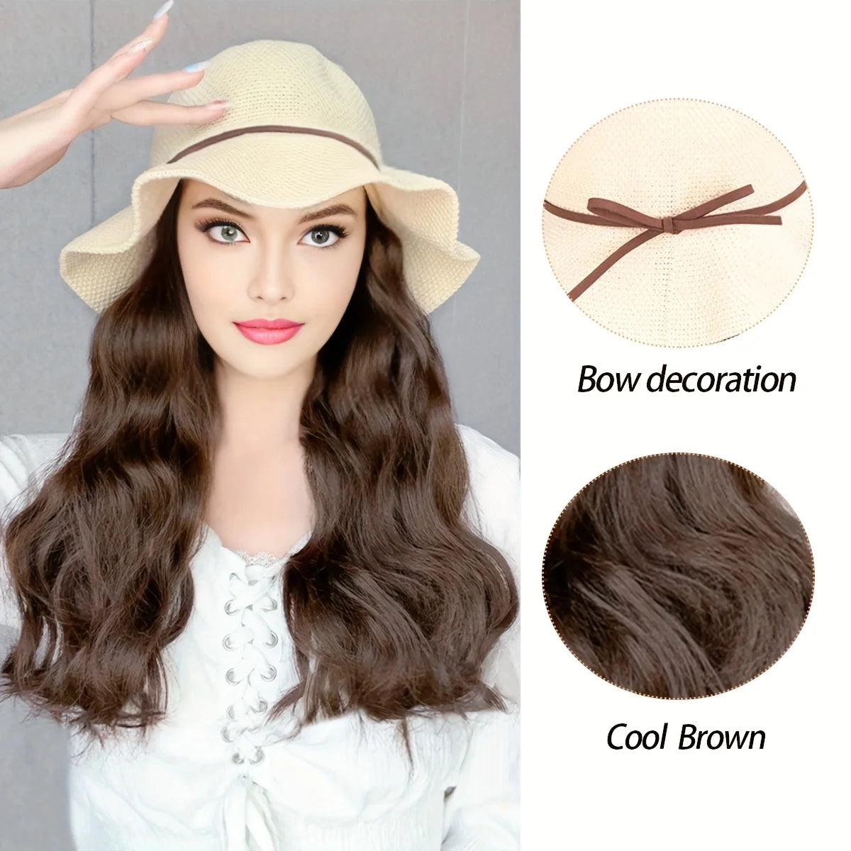 Synthetic Long Curly Wave Hair Women's Summer Sun Hat Wig - Breathable Bow Ribbon Fisherman Hat Wig hat wig in one