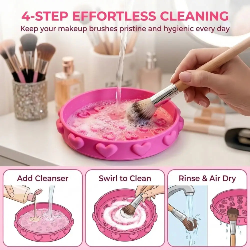 Cute Brush Cleaning Tray Heart Pattern Portable Makeup Brush Cleaner Bowl Cleaning Mat with Textured Base Brush Cleaning Tool