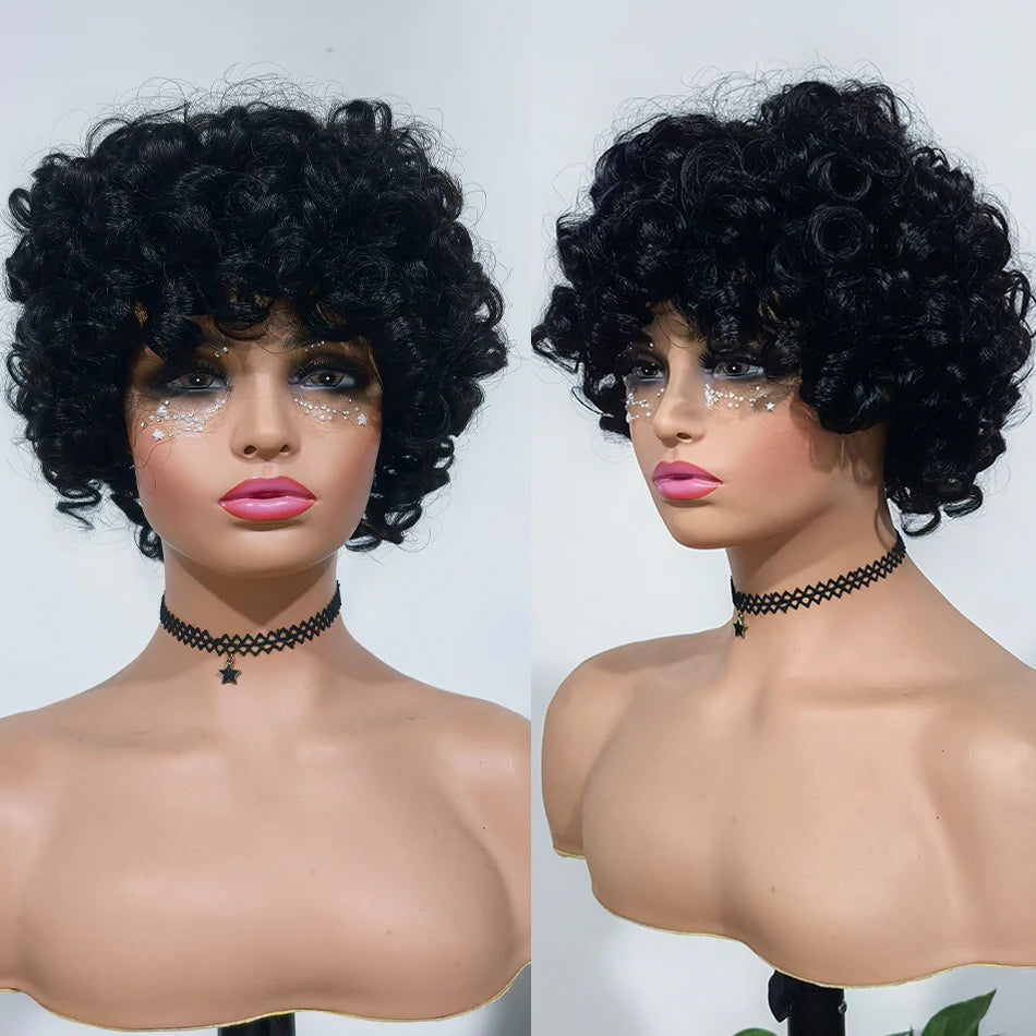 100% Brazilian Virgin Human Hair Short Curly Wigs for Black Women Non Lace Glueless Natural Black Deep Curly Wigs With Bangs