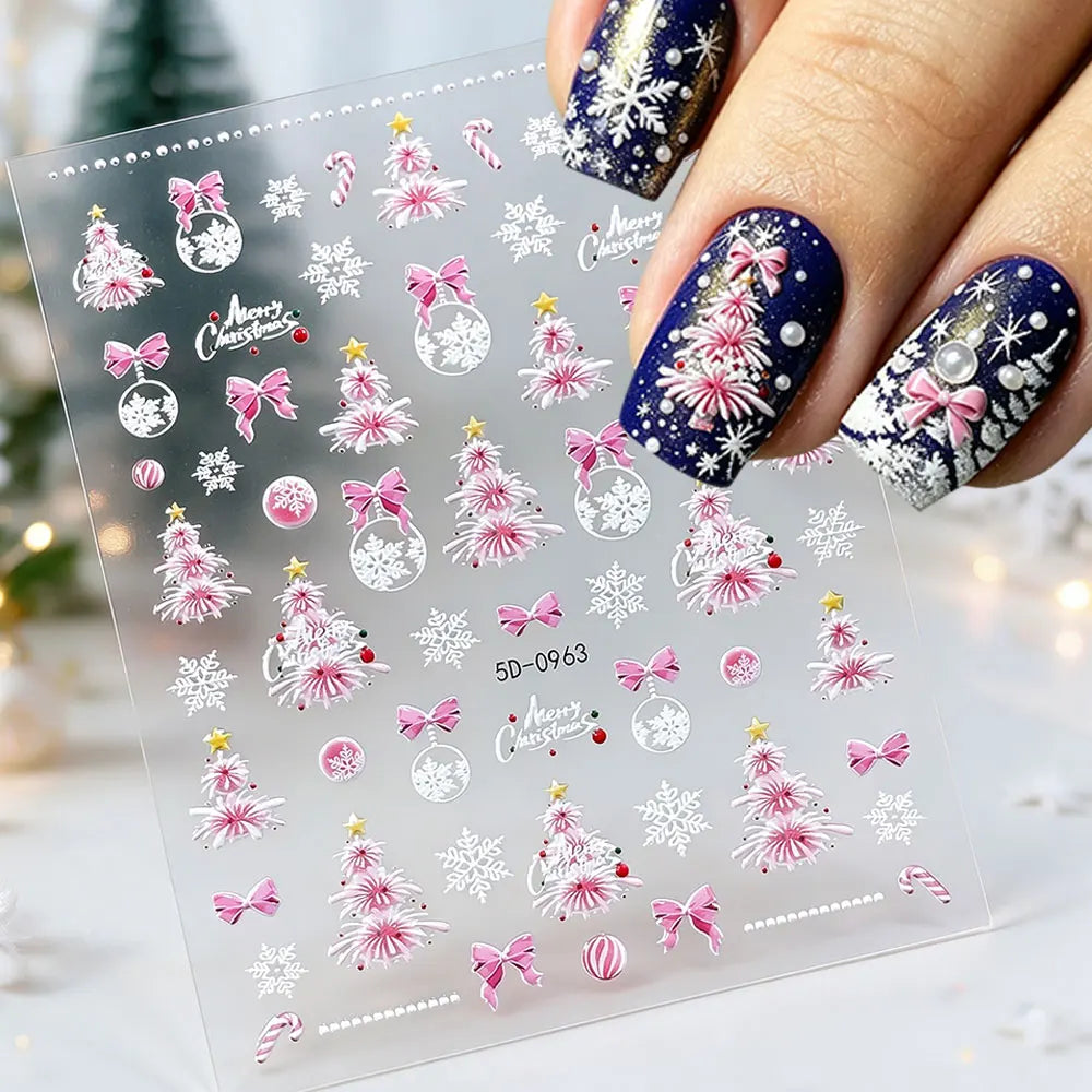 5D Embossed Gold Castle/Garland/Christmas Tree Nail Stickers White Snowflakes Bow Star Nail Decals Self-Adhesive Xmas Nail Decor