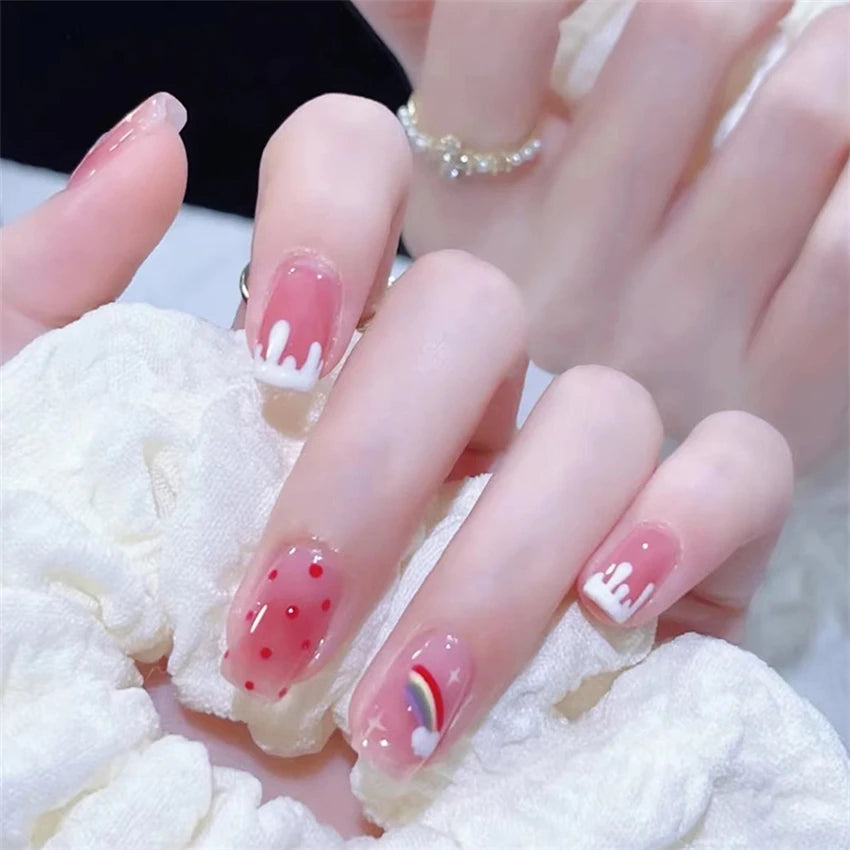 24 Pcs/Set Valentine's Day Long Almond Fake Nails Shape Novelty Pearl Bow Love Press on Nails Art Full Cover Stick-on Nails Tips