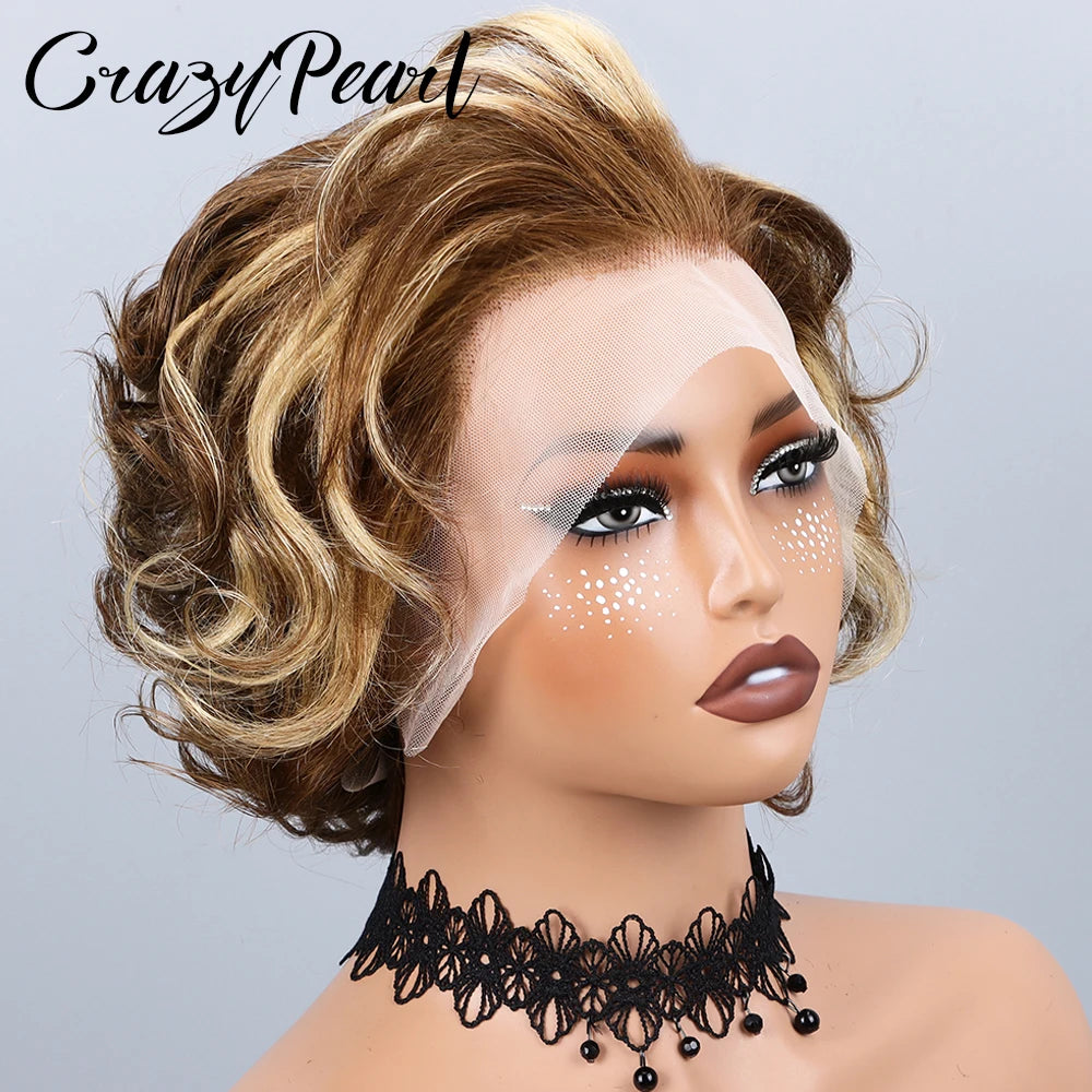 P4/27 Highlight Pixie Cut Wigs Human Hair Short Curly Brown Blonde Gradient Lace Front Pre Plucked Bleached Knots Natural Look