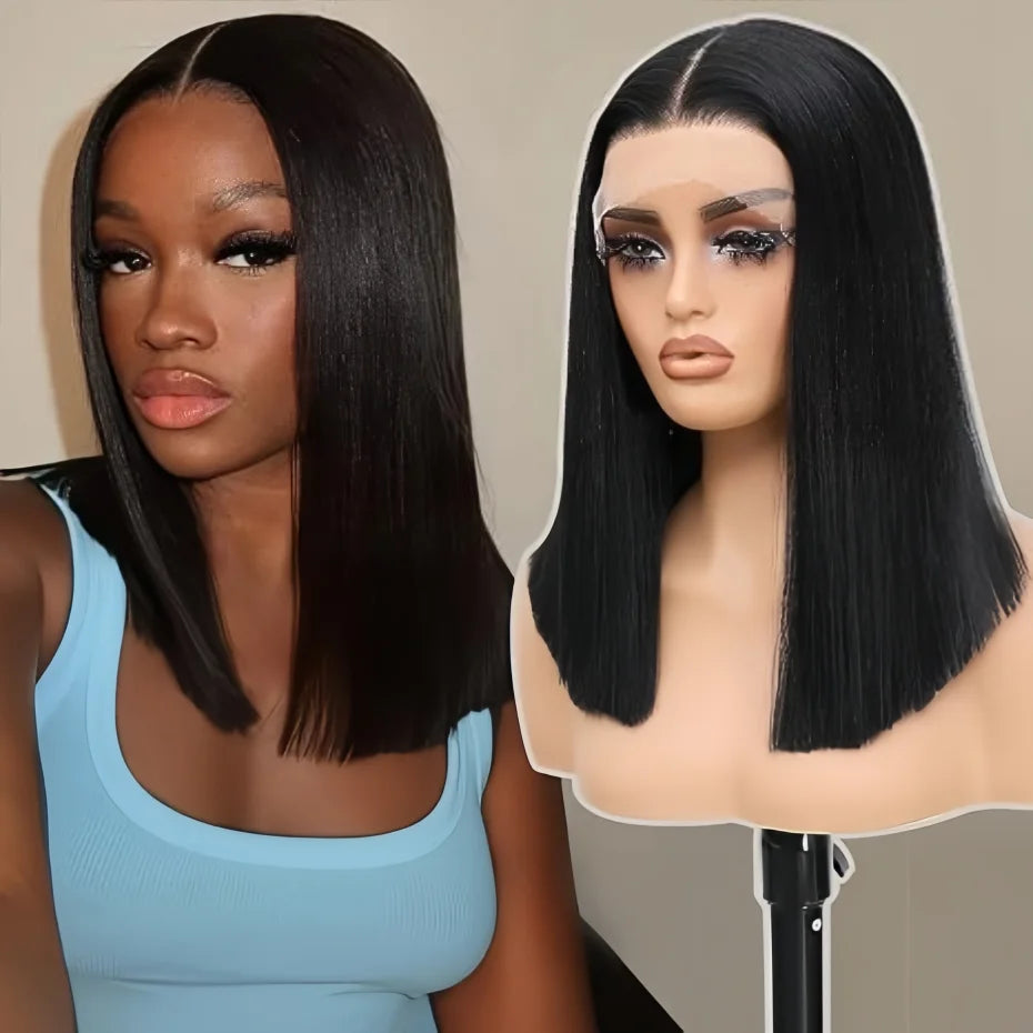 Natural Black Bob Wig Human Hair Blunt Cut Bone Straight 13x4 Transparent Lace Front Wig Ear to Ear Shoulder Length Straight Bob Wigs For Women 250% 280% Density