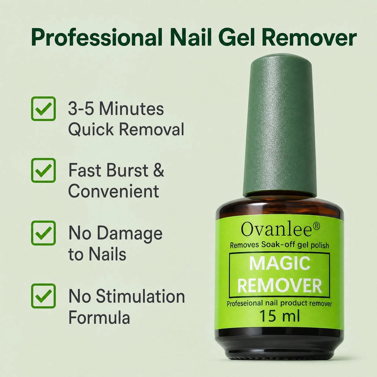 Ovanlee 2-Pack Magic Nail Gel Remover – 15ml X 2 Acetone-Free Fast 3-5 Min Burst UV Polish Dissolver, No Foil Wraps, Low Odor & Gentle, Easy Peel-Off Gel Remover for DIY Manicure