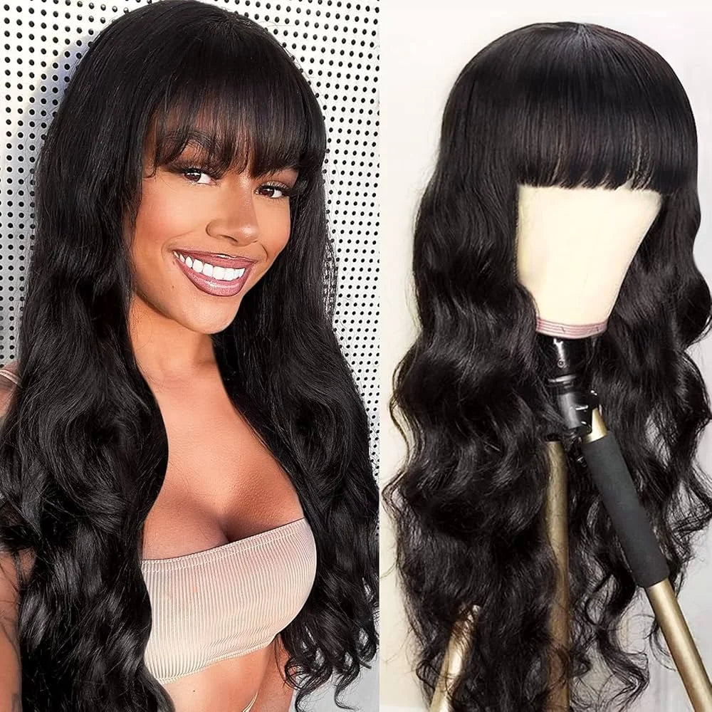 Body Wave Wigs With Bangs Put on go Wigs Human Hair 26inch Glueless Human Hair Wigs Natural Wave Bang Wigs Beginner Friendly