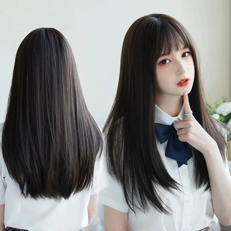 Korea Hair Extensions Synthetic Cute JK Girl Cosplay Air Bangs Wig Breathable Head Cover 50cm Long Straight Wig Hat for Women