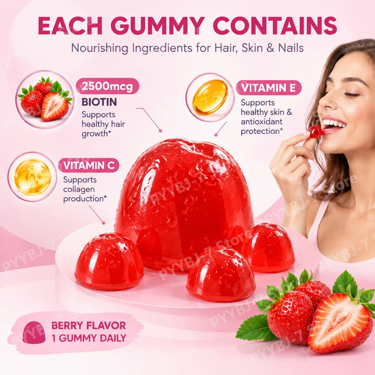 Biotin Gummies 2500mcg for Hair Growth Vitamin Gummies with Vitamin C & E for Skin Antioxidant Collagen Production, 80 Gummies