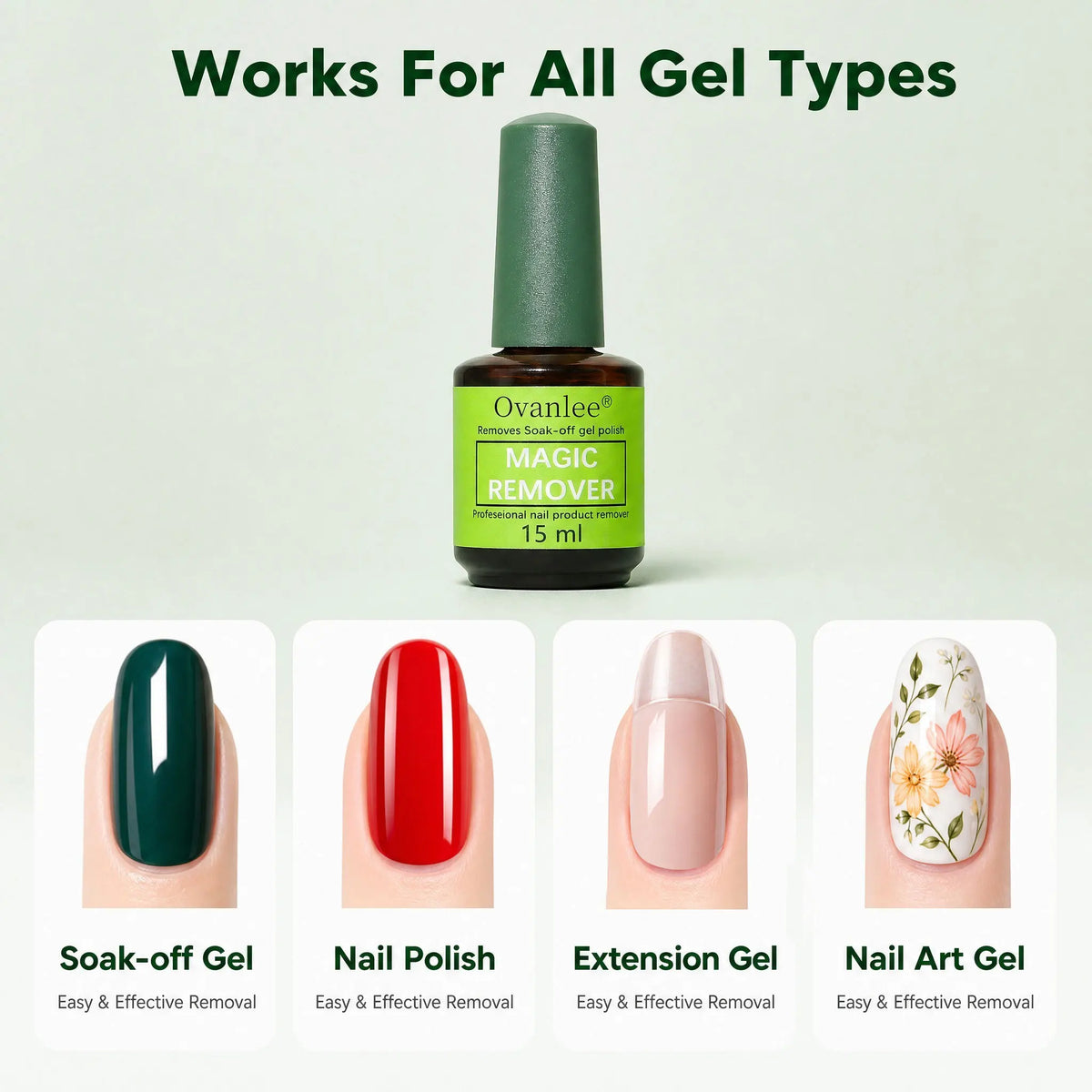 Ovanlee 2-Pack Magic Nail Gel Remover – 15ml X 2 Acetone-Free Fast 3-5 Min Burst UV Polish Dissolver, No Foil Wraps, Low Odor & Gentle, Easy Peel-Off Gel Remover for DIY Manicure