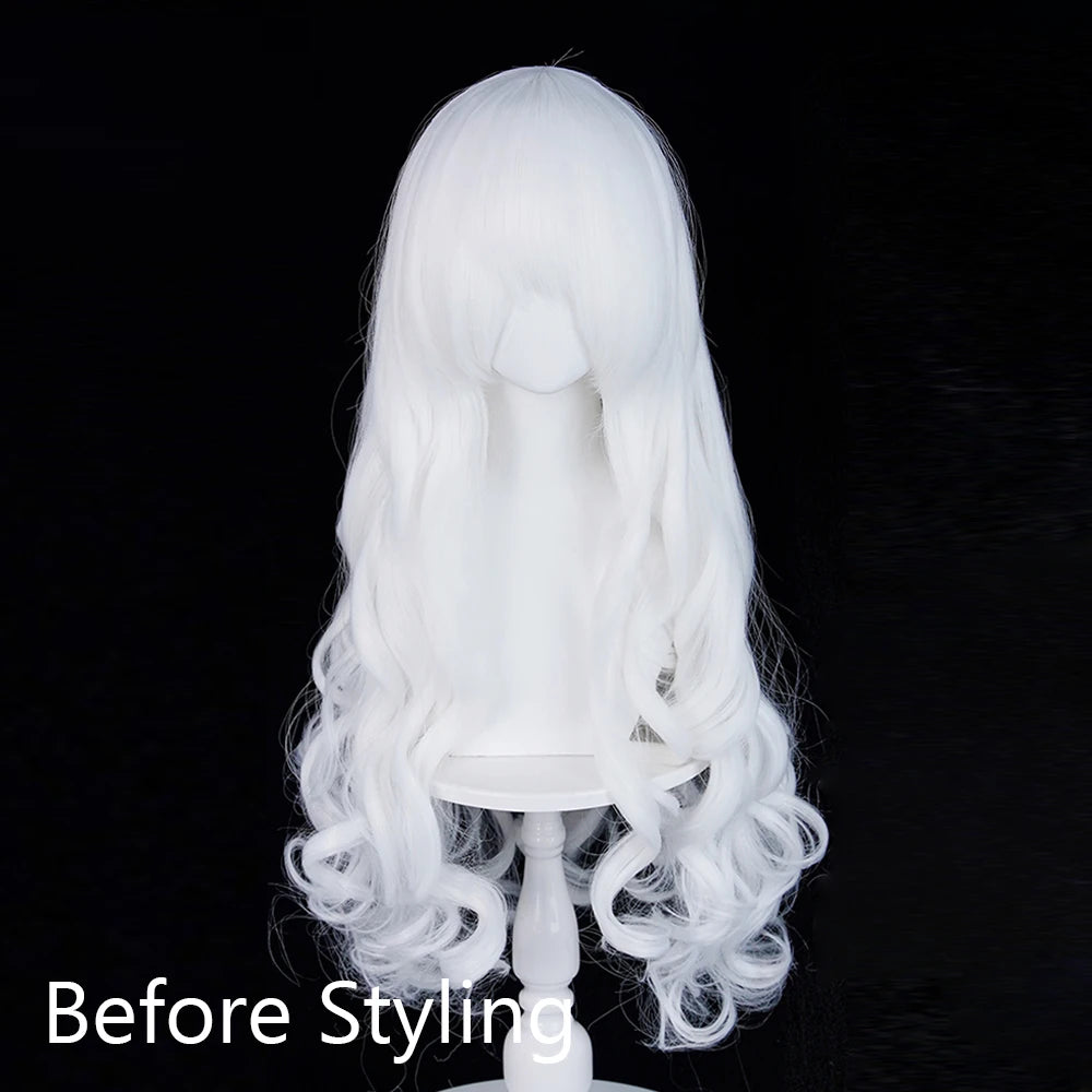 White Long Wavy Anime Game Cosplay Synthetic Wigs with Bangs Fluffy Heat Resistant Wig for Daily Party