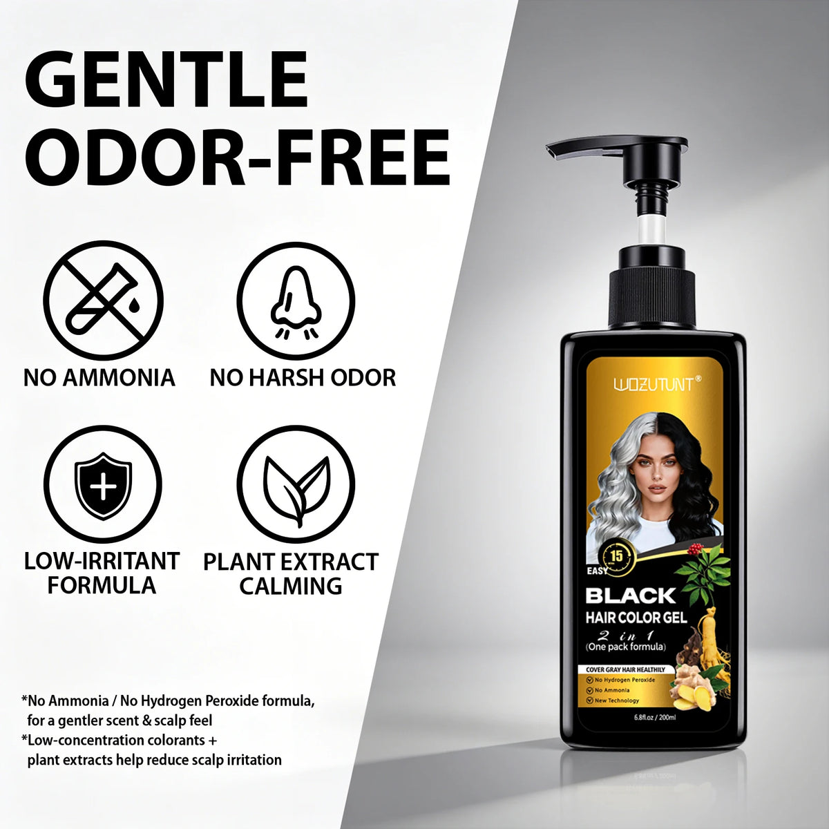 Black Hair Color Gel, 15-Minute Gray Coverage Brush-On Pump for Men and Women, Plant-Extract Blend 6.8 FL oz
