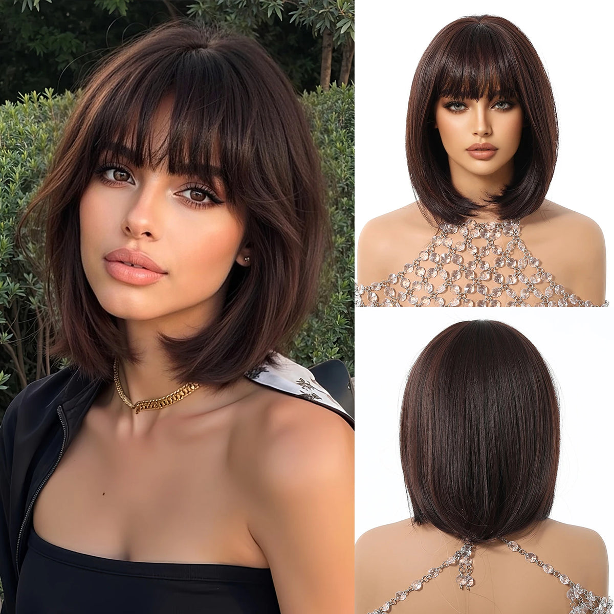 ALAN EATON Short Ombre Brown Synthetic Natural Bob Straight Wigs with Bang for Women Party Daily Use Heat Resistant Fiber