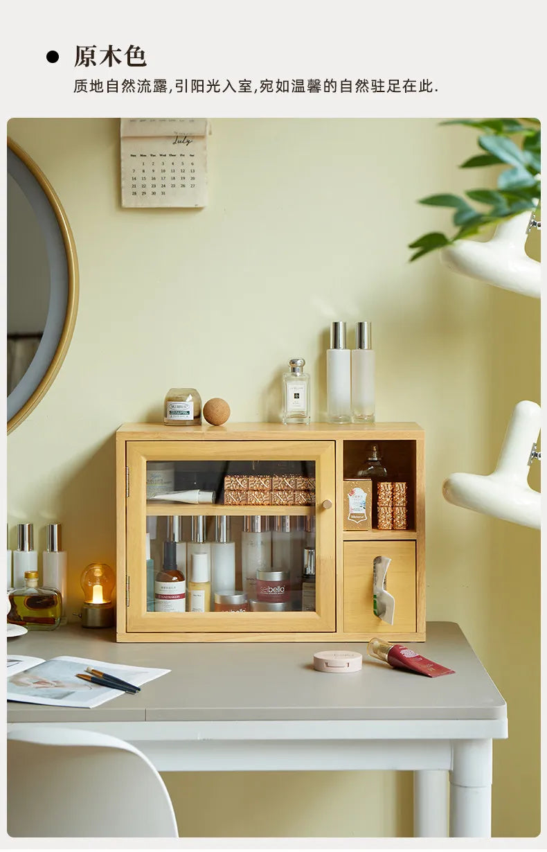 Mid Century Solid Wood Cosmetic Storage Box Drawer Organizer for Perfume Skincare Desktop Vanity Cabinet Rustic Makeup Holder