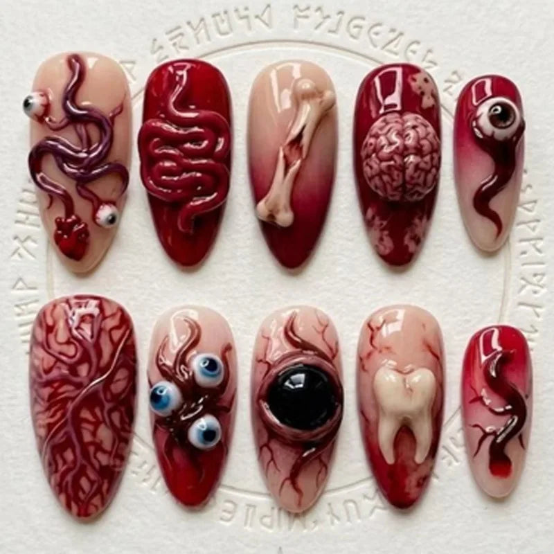 30pcs Bloody Red French Style Fake Nails Spooky 3d Eyeballs Tooth Vascellum Decor Press On Nails Horror Halloween False Nail