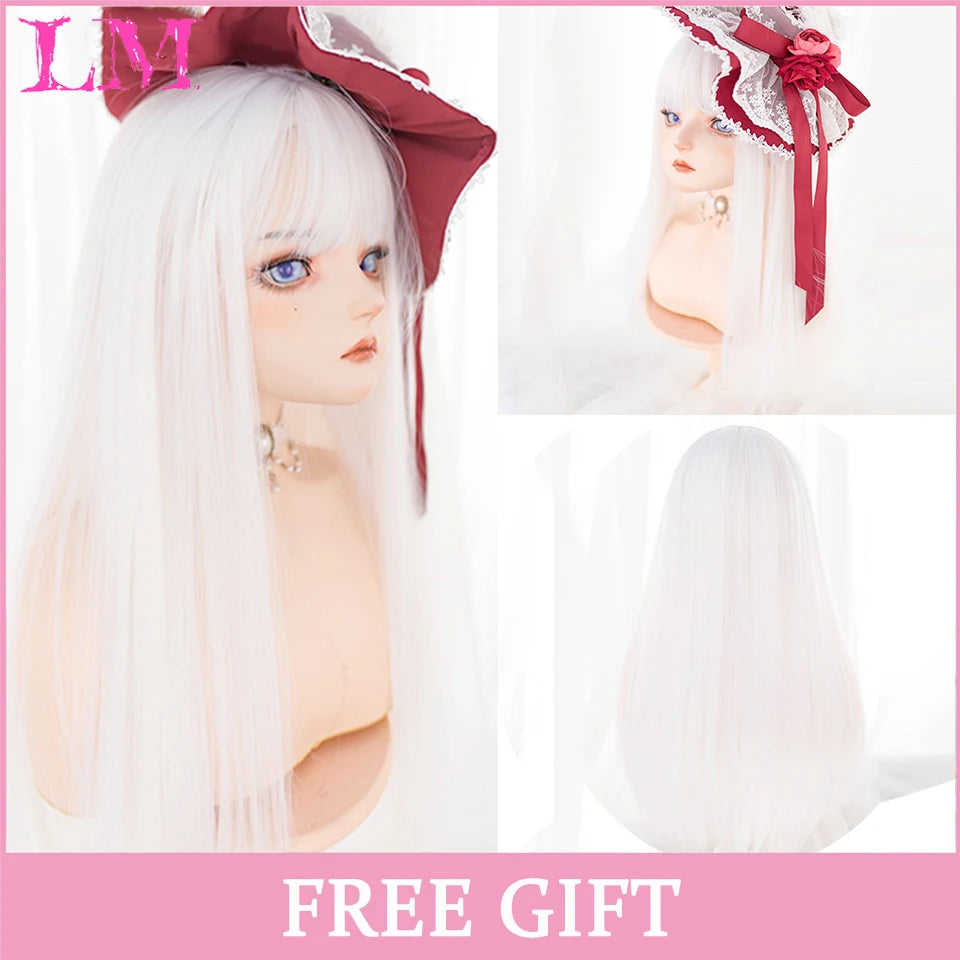LM Light Blonde Wave Hair Wig Synthetic Long Wavy Wigs with Bangs for Women Cosplay Natural High Temperature Fiber