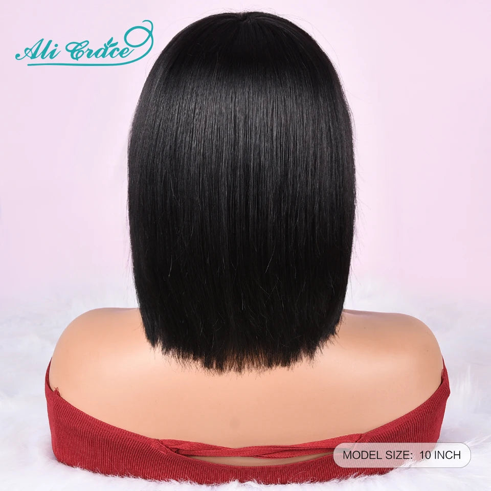 Ali Grace Straight Bob Human Hair Wigs With Bang Natural Color Full Machine Made Wigs 180% Density Brazilian Remy Hair Bob Wigs
