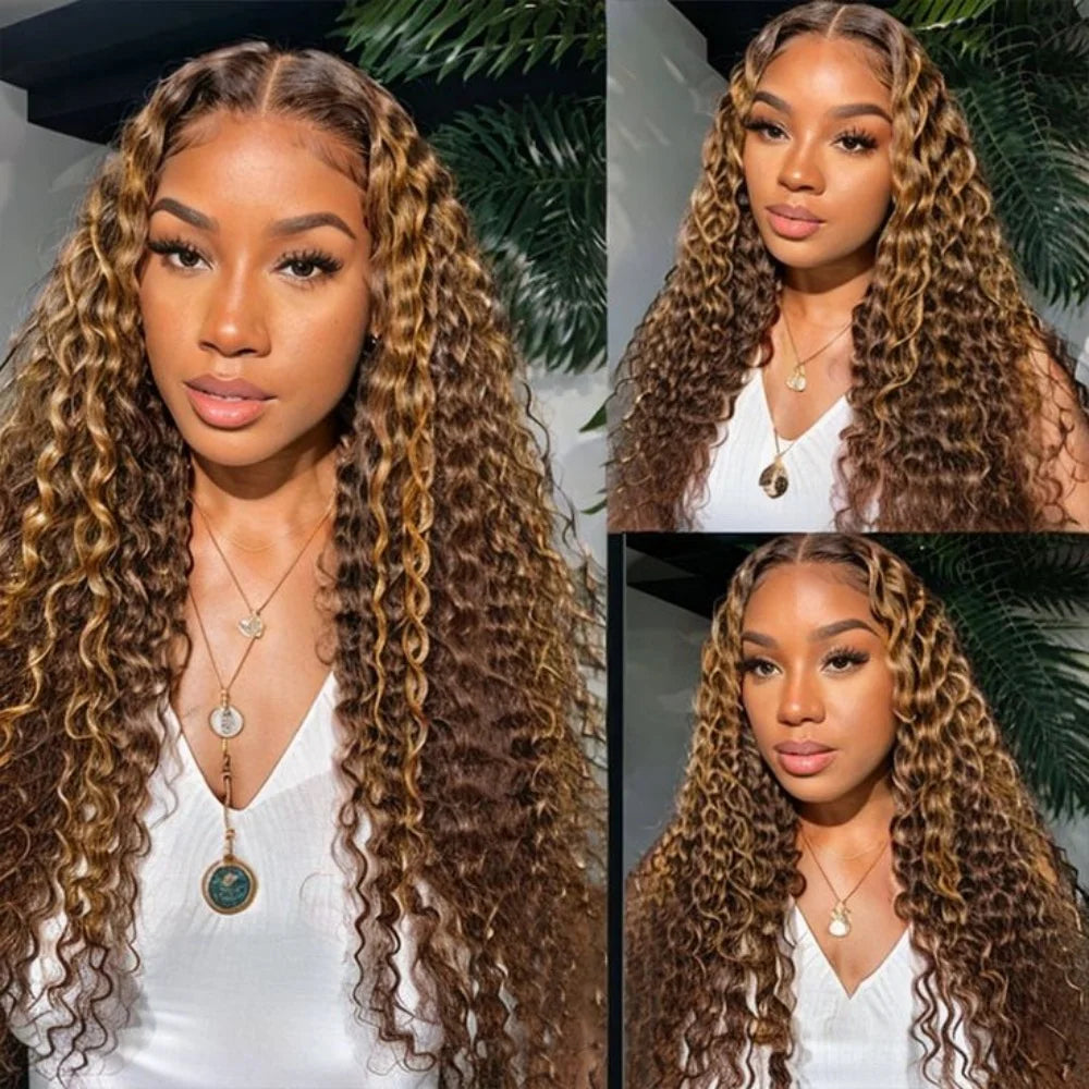 Highlight Deep Wave Wig Ombre Honey Blonde Kinky Curly Lace Front Wig Gluless Deep Wave Lace Wigs Synthetic Heat Resistant Fiber