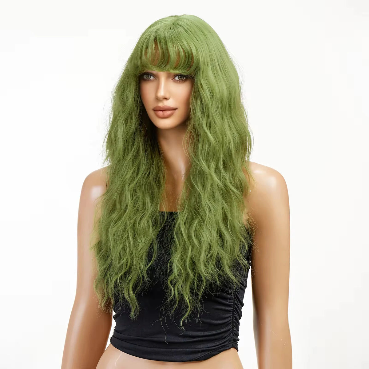 HENRY MARGU Light Green Curly Synthetic Wigs Long Colorful Wig with Bangs Heat Resistant Fiber for Cosplay Party Women Girls Use