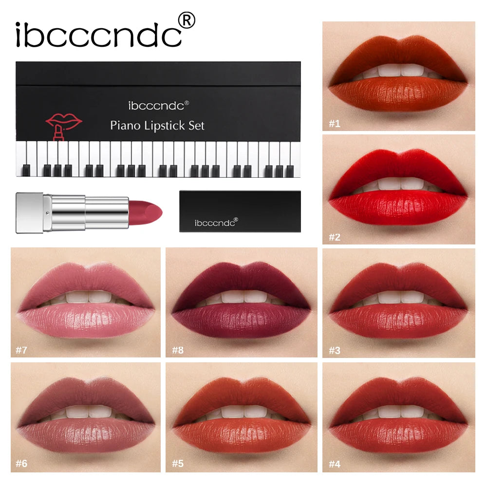 8 Colors Matte Velvet Lipstick Set Waterproof Long Lasting Non-Sticky Nude Red Lip Stick Cosmetic Makeup Gift Kit for Women Daily Party Lip Makeup
