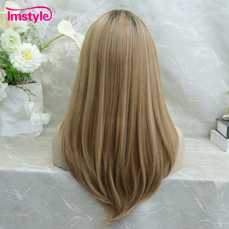 Imstyle Brown Wig Syntehtic Lace Front Wig Dark Root T Part Lace Wig Layered Straight Hair Daily Use Wigs For Women