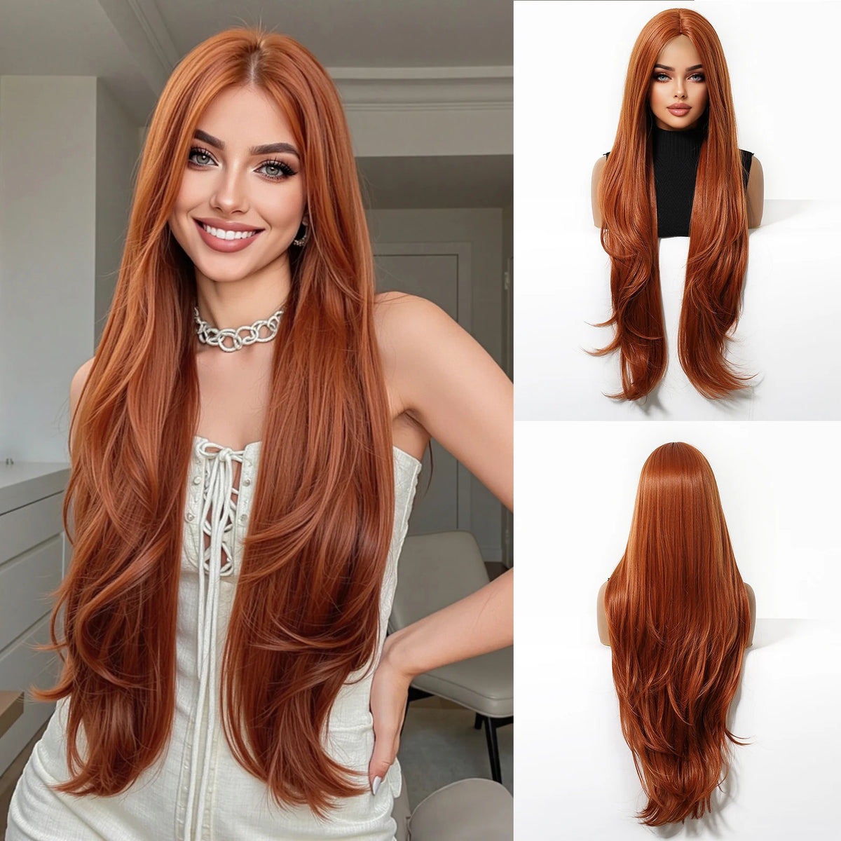 Copper Ginger Brown Long Loose Wave Wig Synthetic Women's Wigs Middle Part Cosplay Daily Use Natural Hair Heat Resistant Fibre